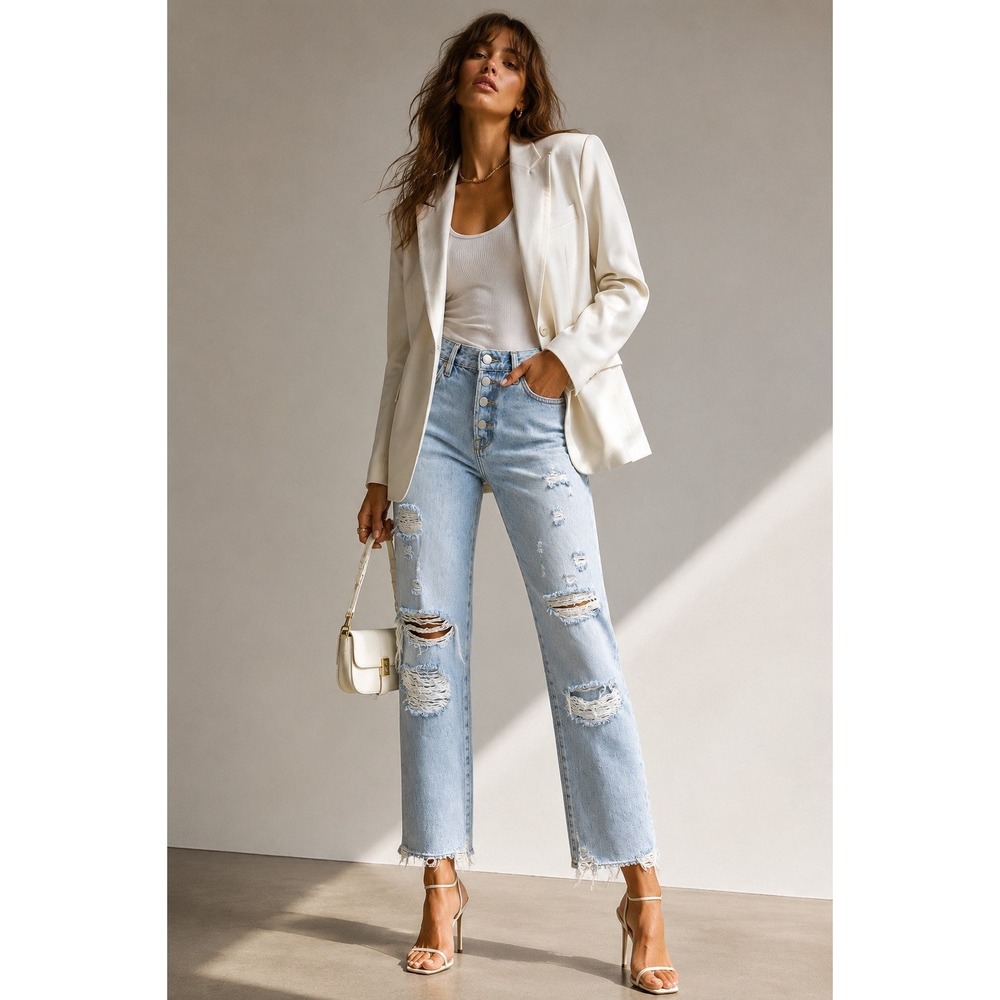 Frame Denim Light Blue Distressed Straight Leg Jeans
